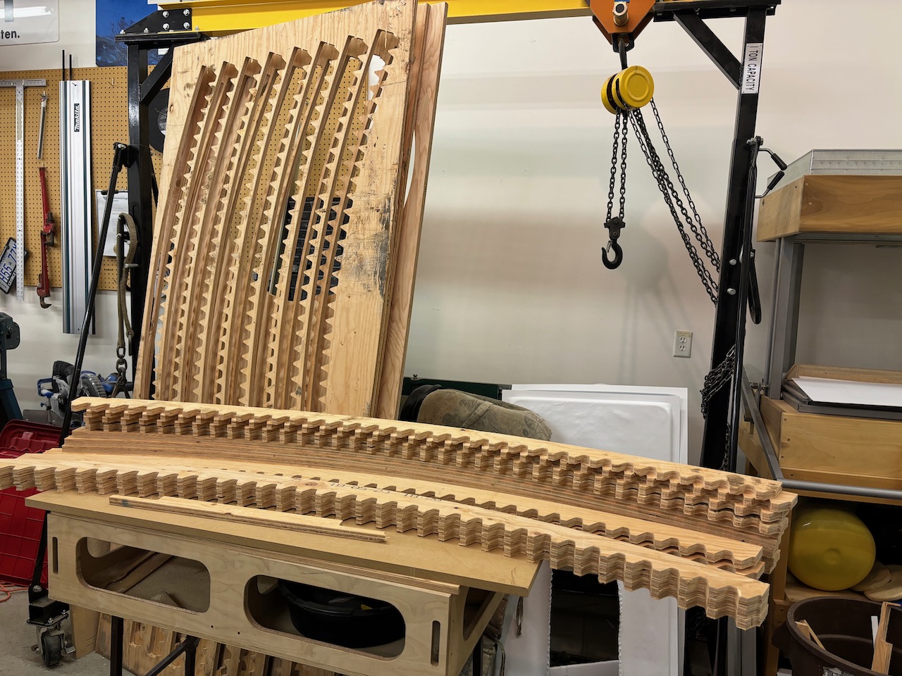 Ring Gear was assembled from nine 7 ft long segments of 3/4 inch plywood in two layers